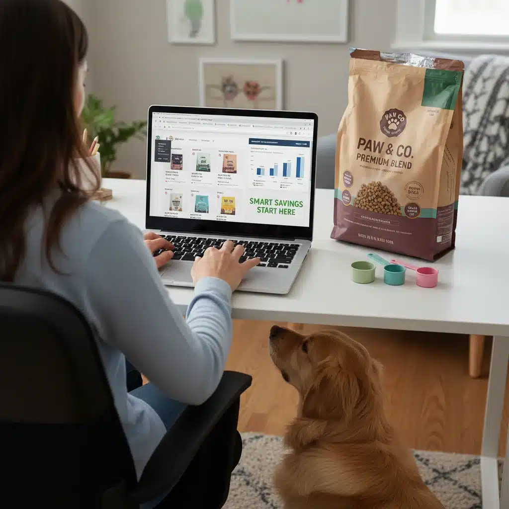 Person comparing pet food prices online to save money