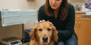 Concerned pet owner with their dog at the vet, discussing health changes.