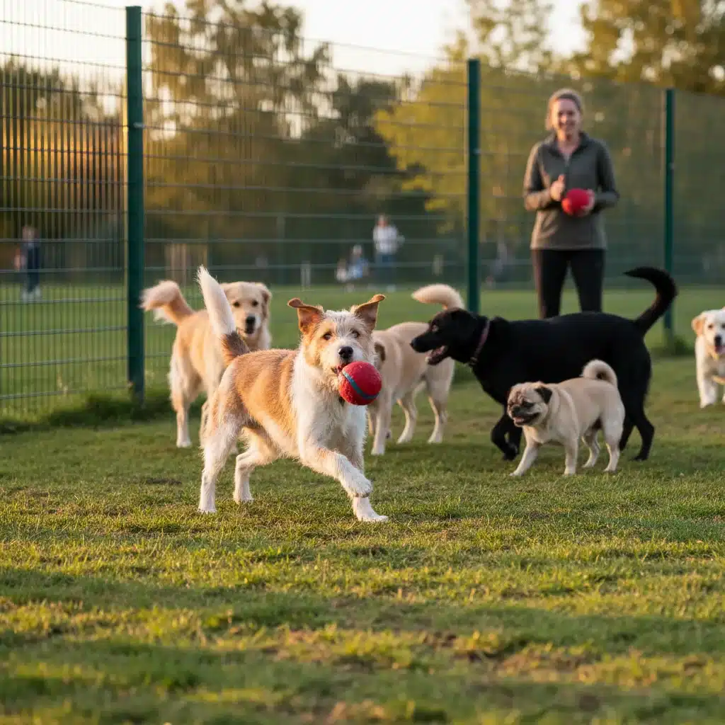 Confident rescue dog playing fetch happily with other dogs in a dog park.