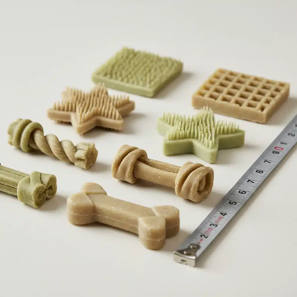 Variety of dog dental chew textures and shapes for plaque removal