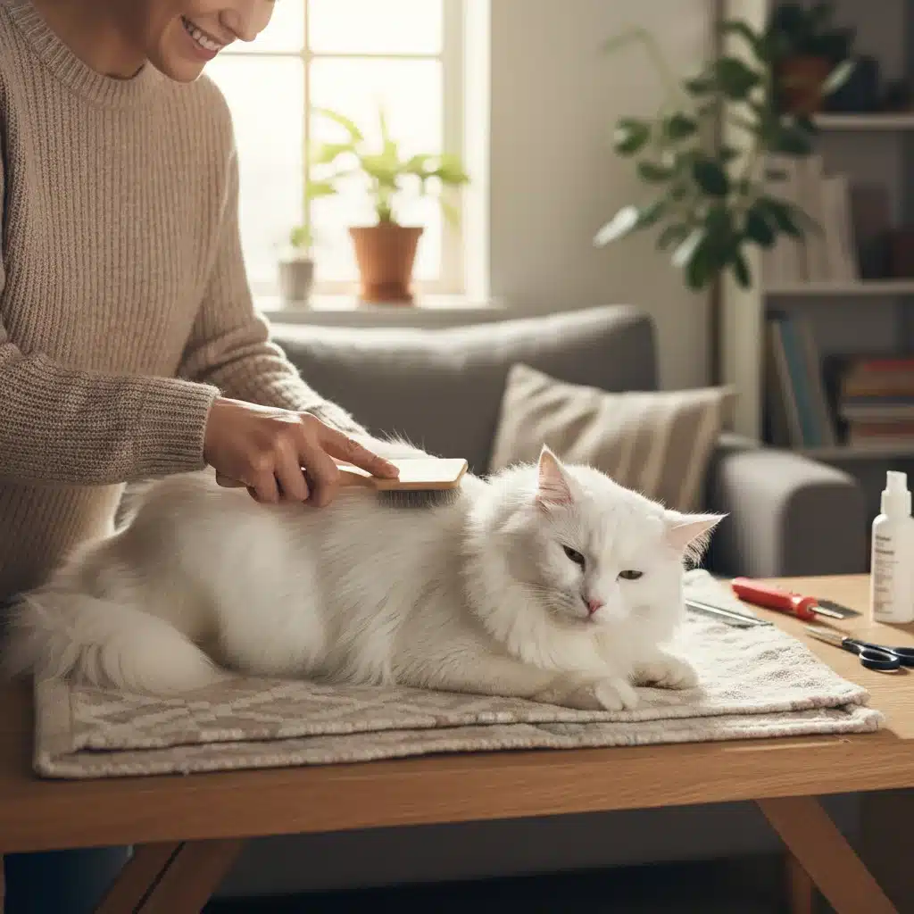 Person brushing a white cat at home, demonstrating DIY pet grooming.