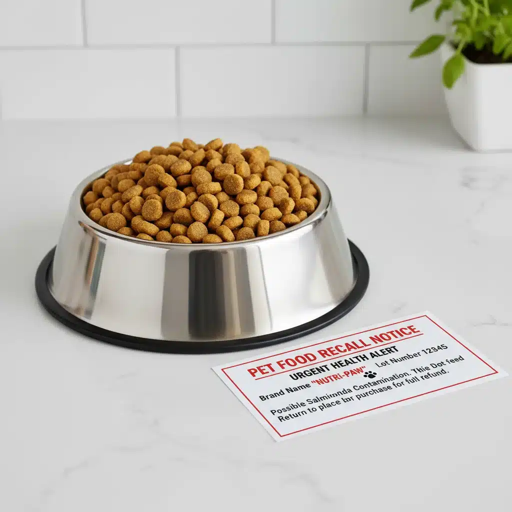 Dog bowl with pet food and a recall warning notice