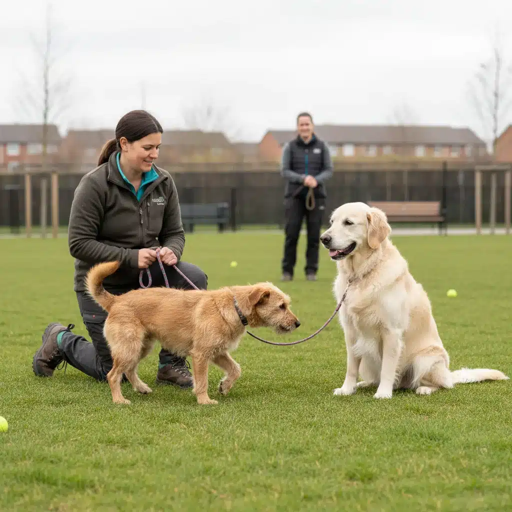 Dog trainer facilitating a positive first introduction between a rescue dog and a calm dog.