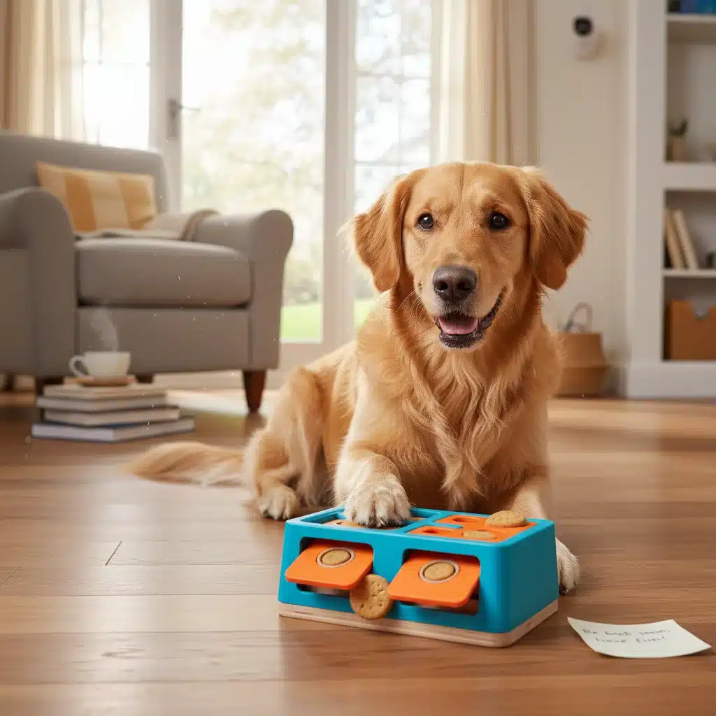 Dog playing with interactive puzzle feeder toy for mental stimulation.