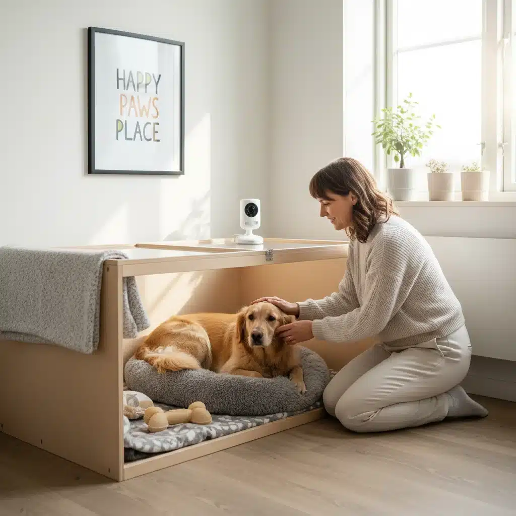 Solo pet parent calmly leaving dog in comfortable safe space.