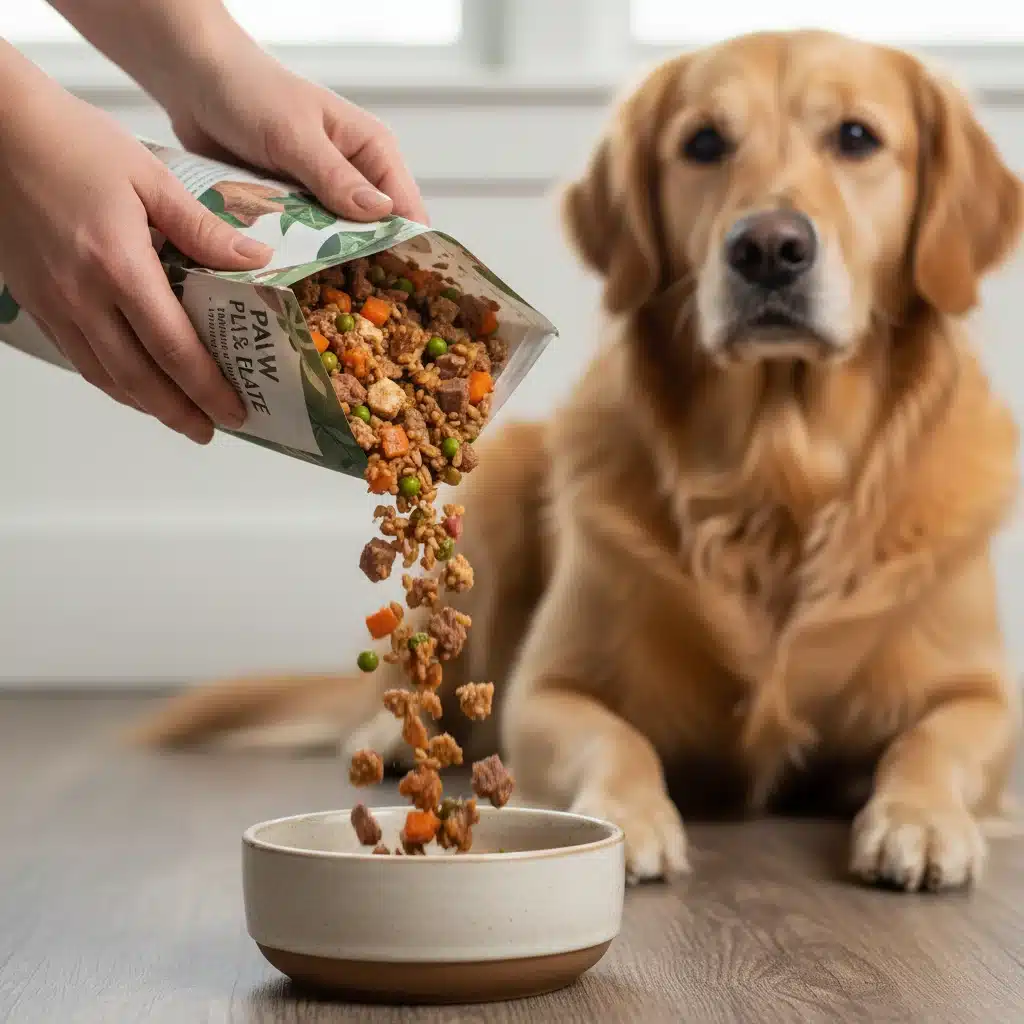 Person pouring premium fresh pet food from a subscription bag into a dog's bowl