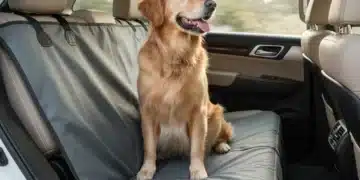 Golden retriever on a waterproof pet car seat cover in an SUV