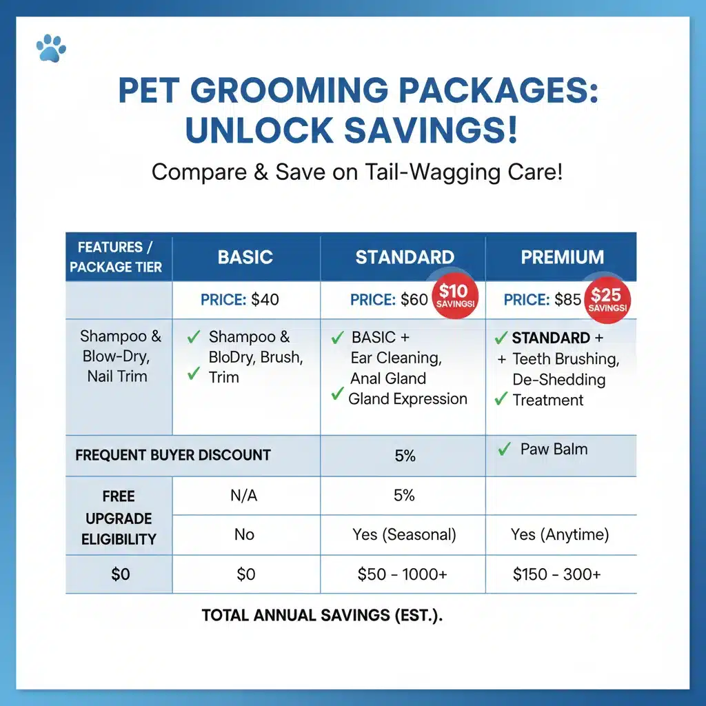 Comparison chart of pet grooming service packages and potential cost savings.