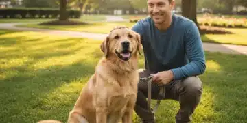 4-Week Pet Behavior Training Plan: Solve Common Issues in 2026 Happy dog sitting calmly on leash with owner in park, demonstrating successful pet behavior training.