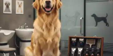 Happy golden retriever with pet grooming tools, symbolizing cost-effective pet care.