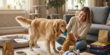 Happy pet owner saving money on pet supplies with dog and cat