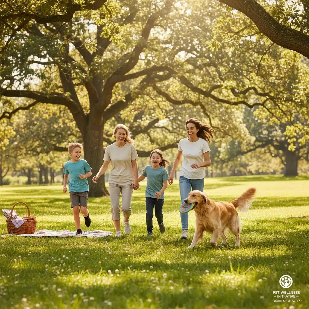 Happy family enjoying playtime with their healthy dog in a park, illustrating pet wellness benefits.