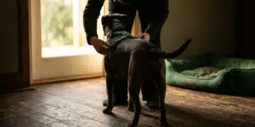 A person adjusting a green harness on a patient dog, illuminated by dramatic backlighting, symbolizing essential pet safety and comfort.