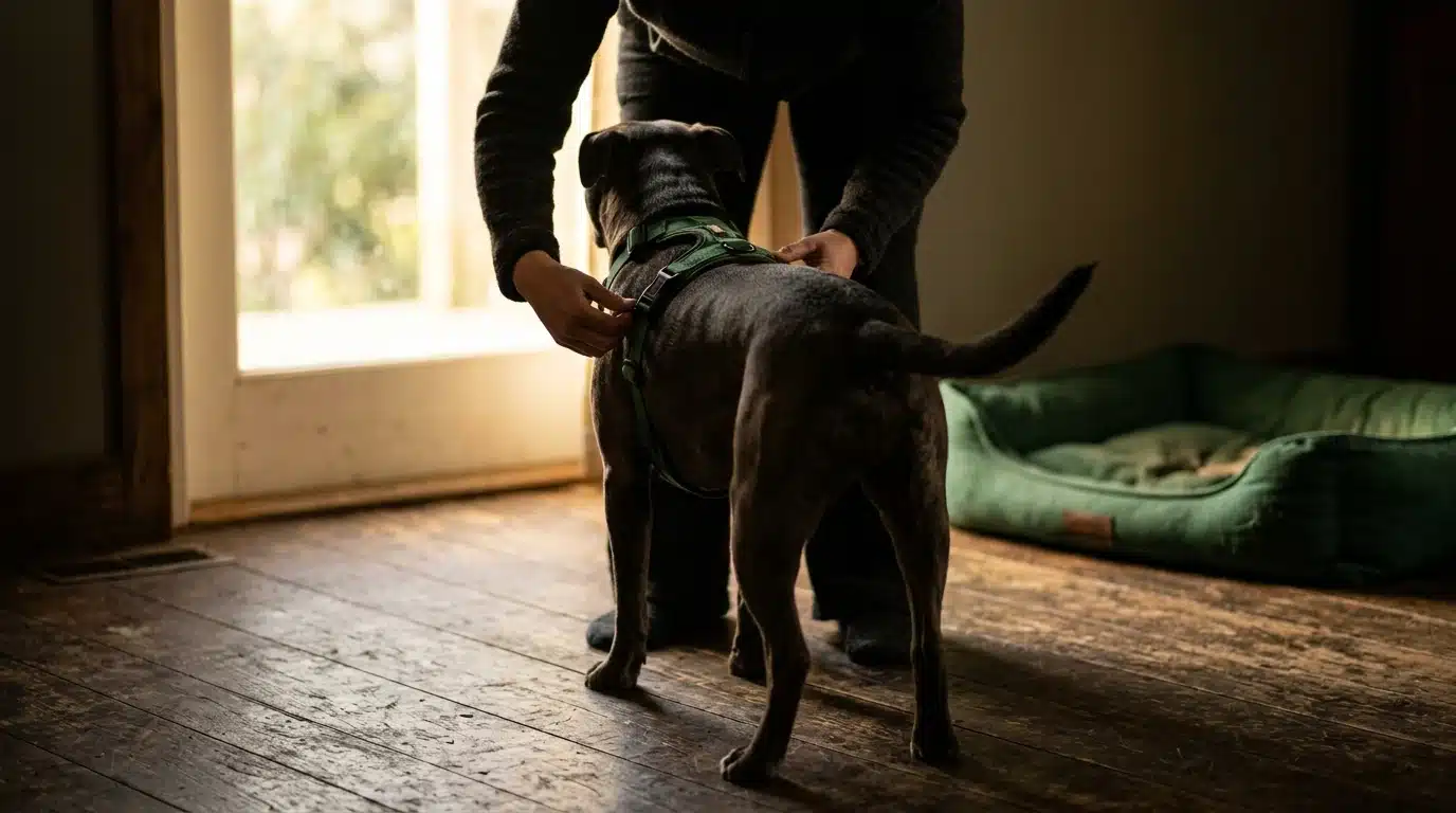 A person adjusting a green harness on a patient dog, illuminated by dramatic backlighting, symbolizing essential pet safety and comfort.
