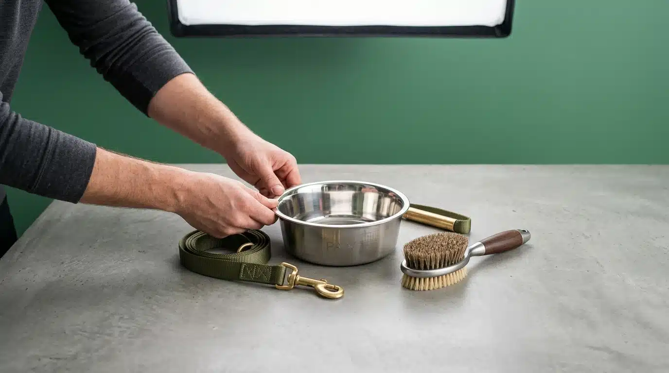 A person's hands arranging essential pet supplies: a gleaming stainless steel bowl, an olive green leash, and a pet brush on a gray concrete surface, emphasizing responsible pet care.