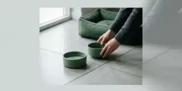 A person placing a green ceramic pet food bowl on a polished concrete floor, alongside a water bowl and a plush green pet bed, illustrating the calm of a structured daily routine.