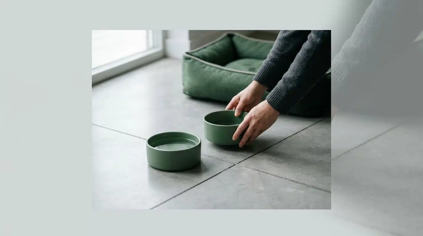 A person placing a green ceramic pet food bowl on a polished concrete floor, alongside a water bowl and a plush green pet bed, illustrating the calm of a structured daily routine.