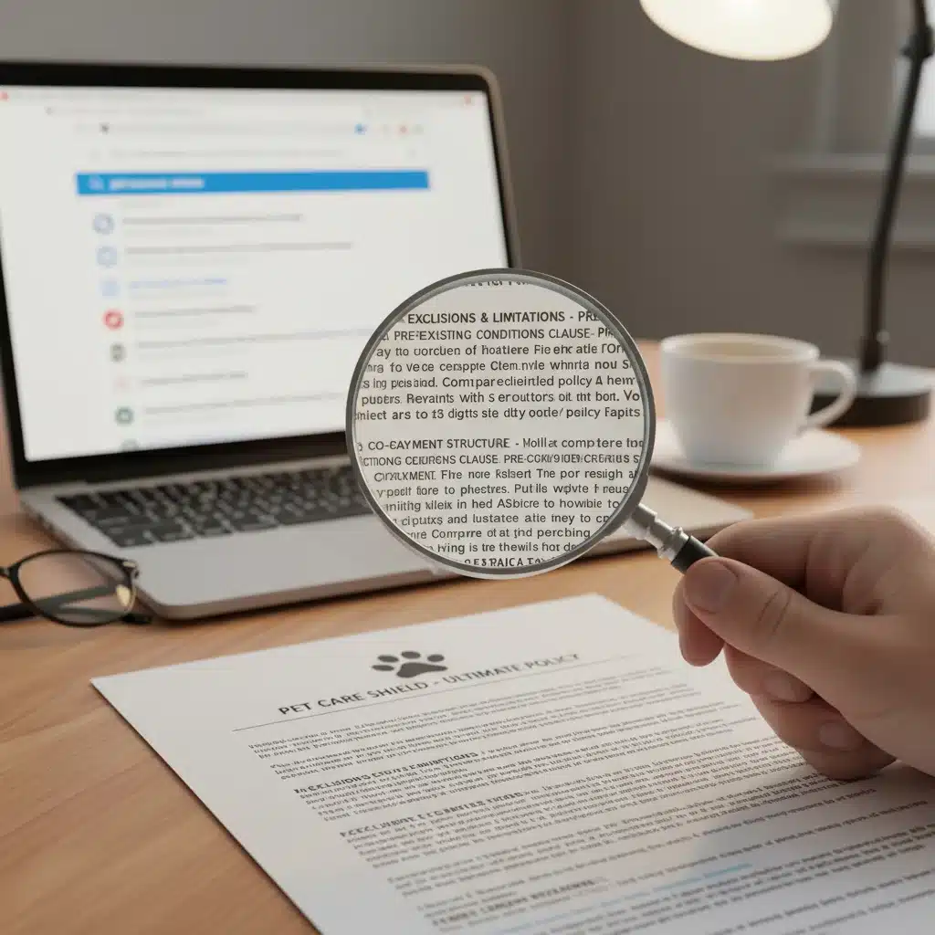 Magnifying glass over pet insurance policy fine print, symbolizing careful review.