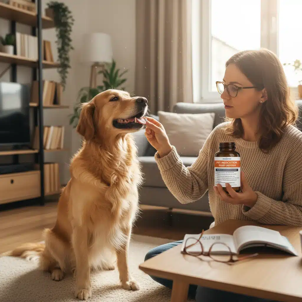 Pet owner administering medication to dog at home