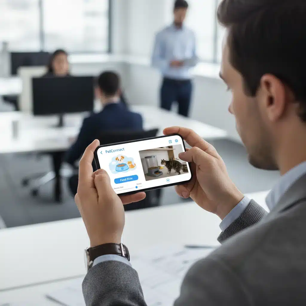 Busy owner monitoring smart pet feeder via smartphone app.
