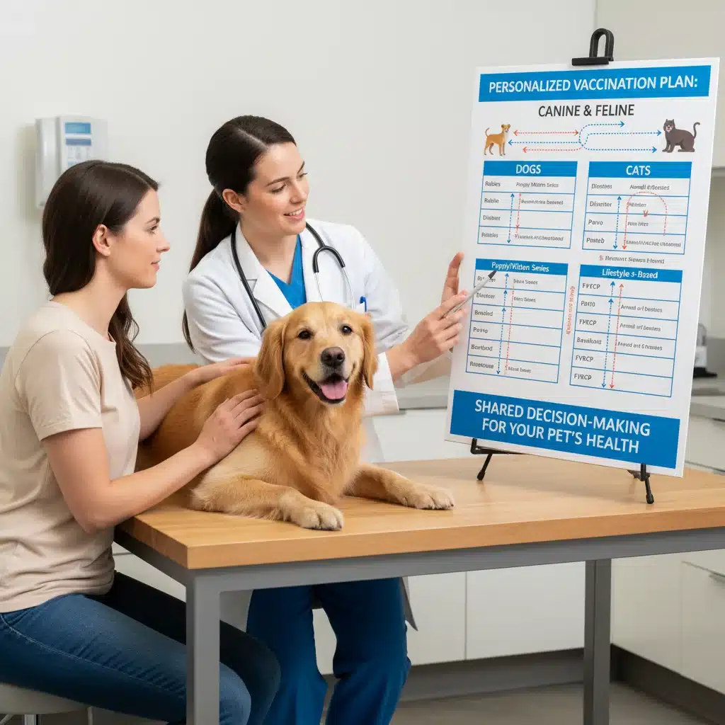 Veterinarian discussing personalized pet vaccine plan with owner