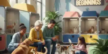 People happily adopting pets at a modern animal shelter, showcasing positive pet adoption trends.