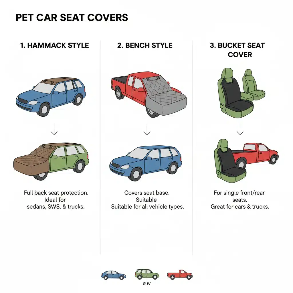 Diagram showing different pet car seat cover types and vehicle fit