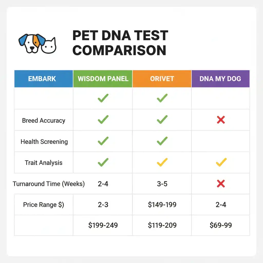 Detailed comparison chart outlining features, accuracy, and pricing for four leading pet DNA tests.