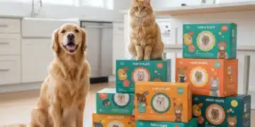Assortment of pet food subscription boxes with happy dog and cat in a modern kitchen