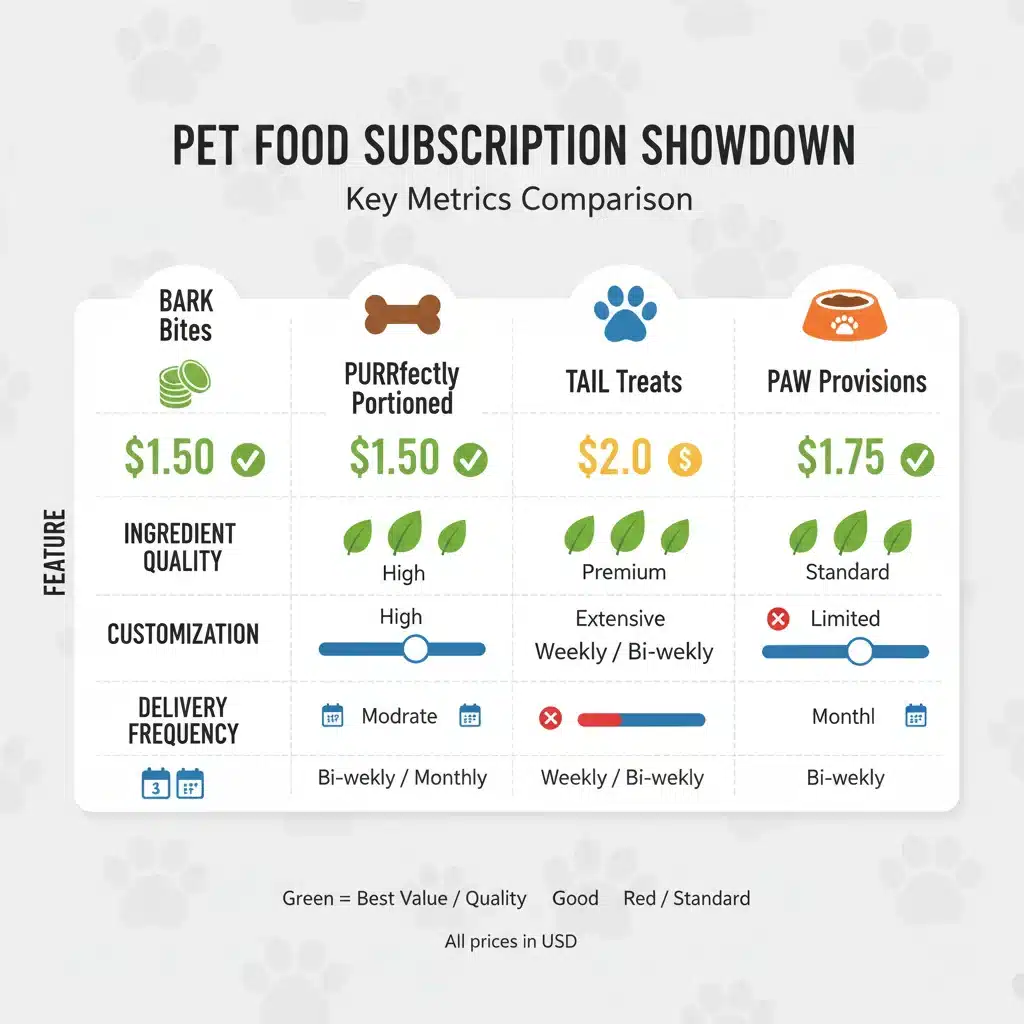 Infographic comparing key features and value of various pet food subscription services