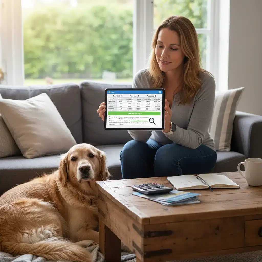 Owner comparing pet insurance policies for senior dog, financial planning