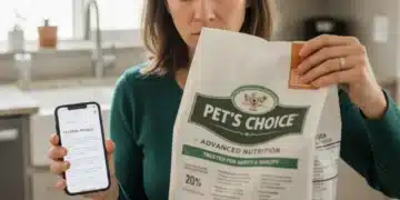 Pet owner checking pet food for recall information