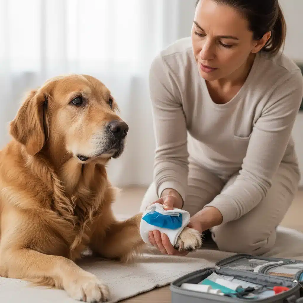 Pet owner applying a cold pack to a dog's paw for minor injury.