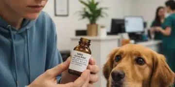 Pet owner examining FDA-approved pet medication label for dog