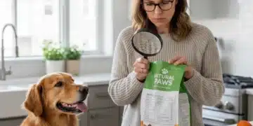 Pet owner examining pet food label for harmful ingredients.