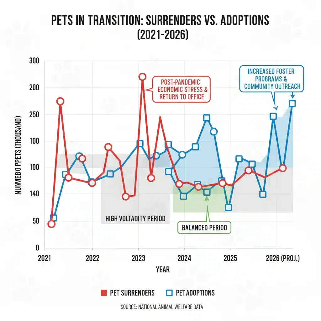 Infographic showing pet surrender and adoption rate trends from 2021 to 2026.