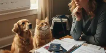 Pet owner with dog and cat looking at 2026 calendar, planning for travel restrictions.