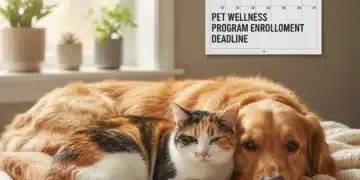 Happy golden retriever and calico cat with a deadline reminder for pet wellness program enrollment.