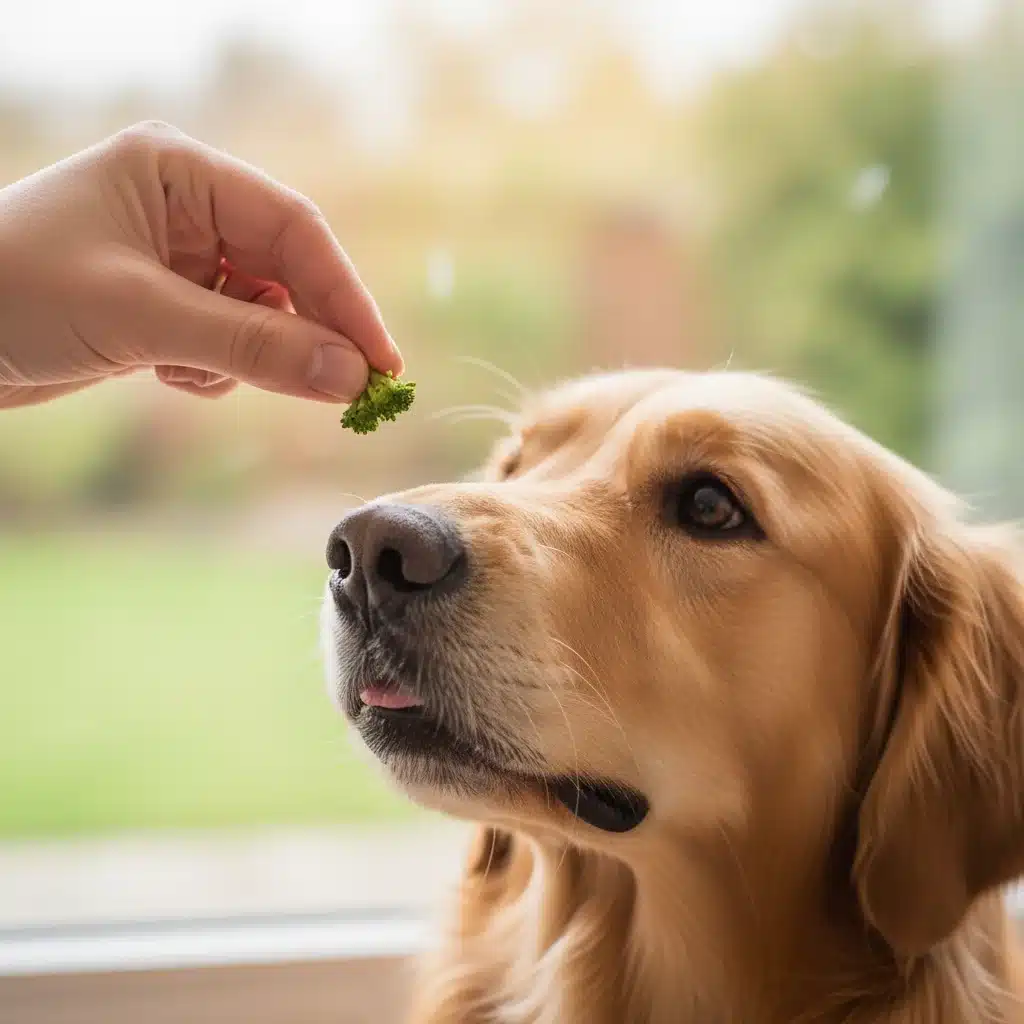 Pet owner offering treat to attentive dog as positive reinforcement during training.