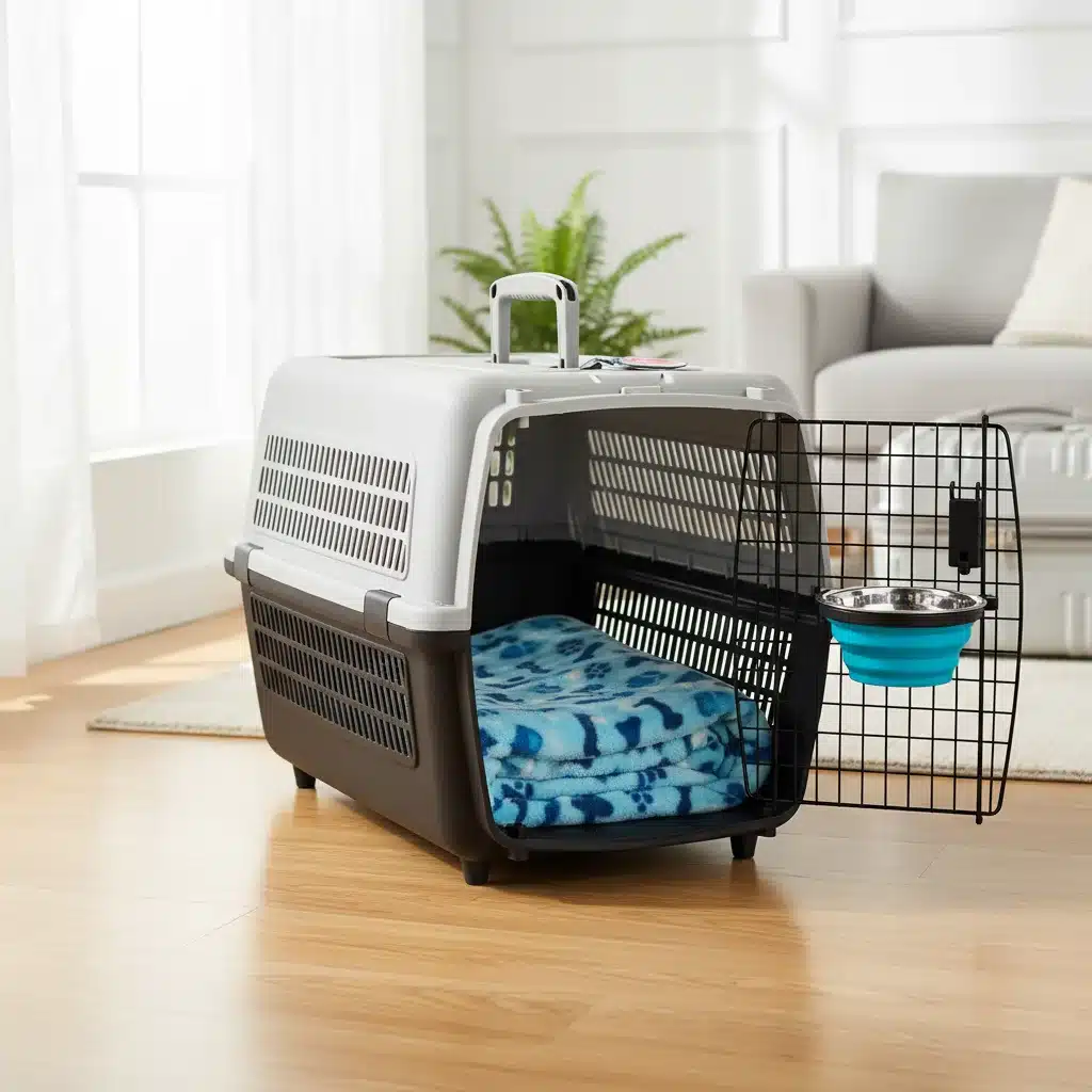 Comfortable pet carrier prepared for safe travel with water bowl.