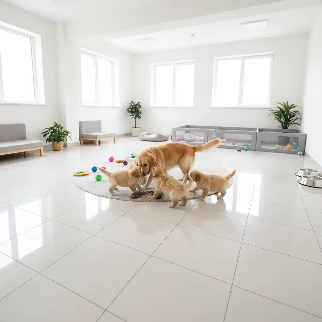 Happy puppies playing with their mother in a clean environment, showing responsible breeding
