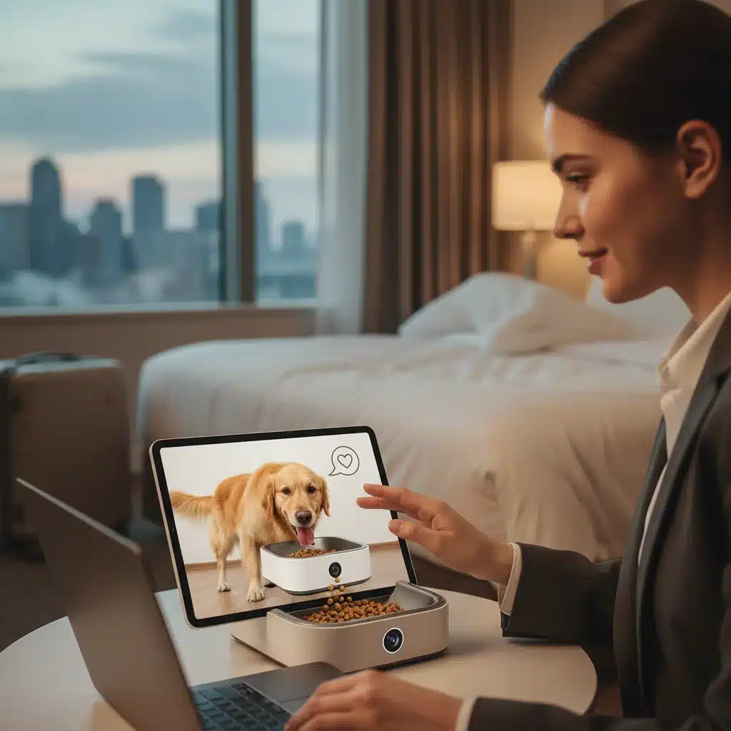 Pet owner video calling their pet through a smart feeder's camera while on a trip, ensuring pet's well-being.