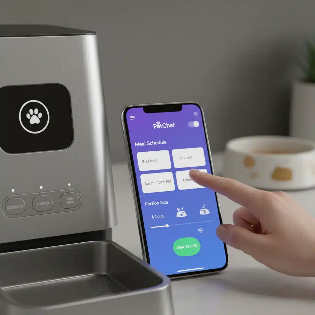 Smartphone app controlling a smart pet feeder, displaying meal schedules and portion settings.