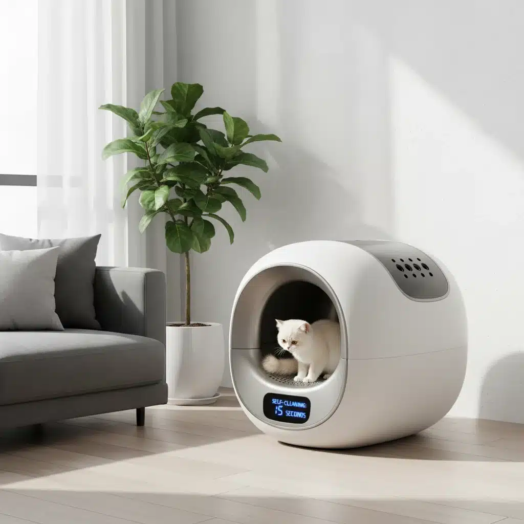 Smart pet litter box with advanced odor control technology.