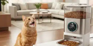 Modern smart pet feeder on kitchen counter with a dog and cat looking at it, representing automated pet care.