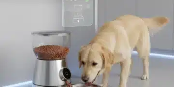 Top 5 Smart Pet Feeders 2026: Ultimate Guide for Busy Owners Smart pet feeder dispensing food to a dog, with a smartphone showing feeding schedule.