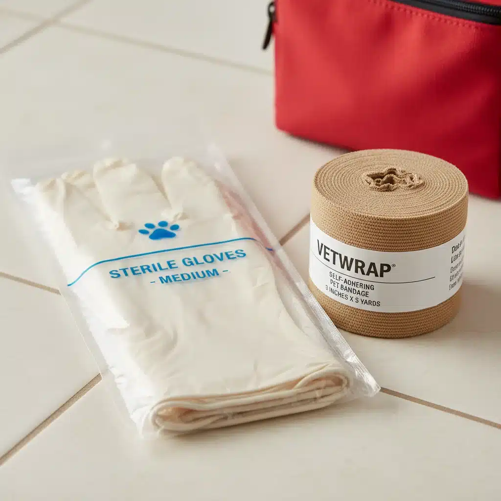 Sterile gloves and self-adhering bandage for pet wound care.