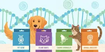 Four leading U.S. pet DNA test kits displayed alongside a happy dog and curious cat, representing breed identification and health insights.