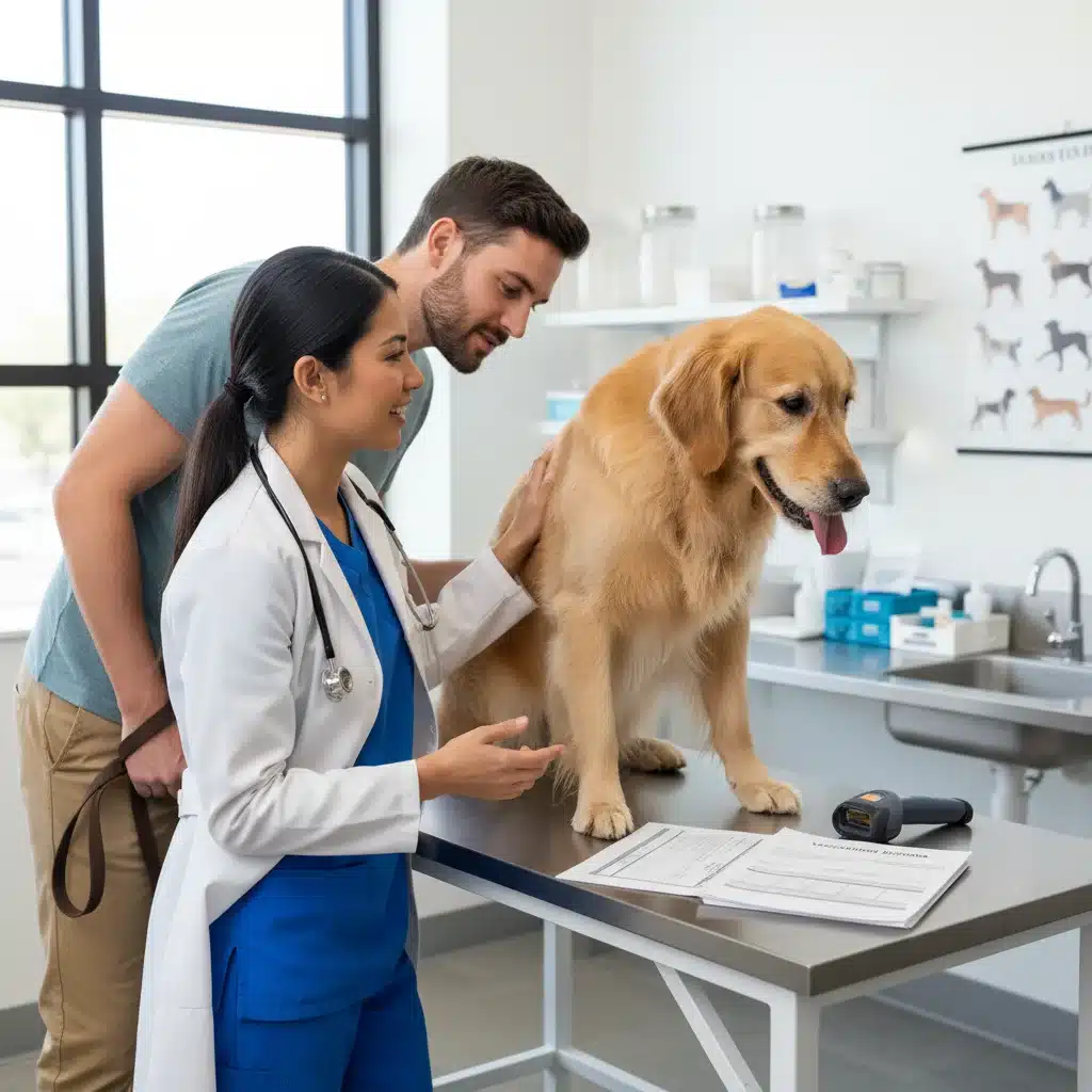 Veterinarian checking a dog's health, discussing vaccinations and microchipping with owner.