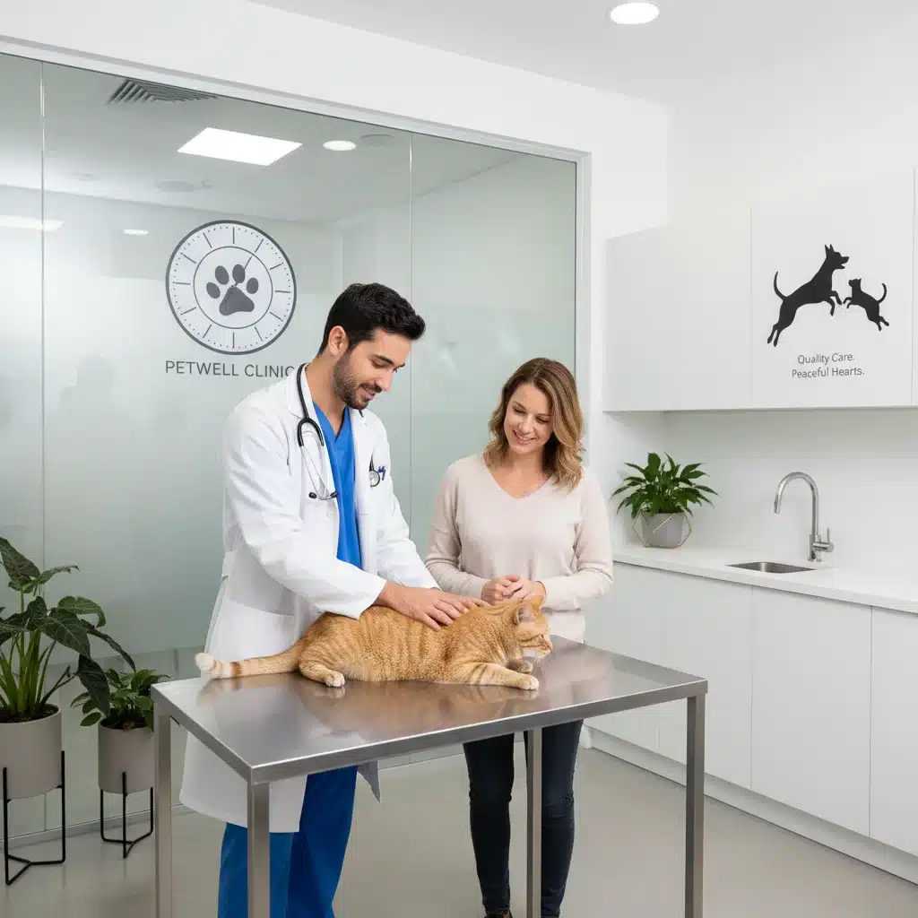 Veterinarian examining a cat, with a relieved pet owner, in a modern clinic.